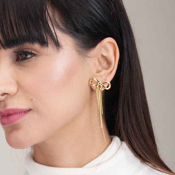 Gold Bow and Tassel Drop Earrings