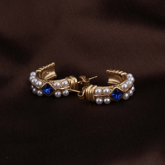 Classic Pearl and Sapphire Gold Hoop Earrings