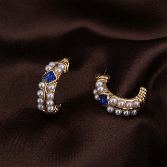 Classic Pearl and Sapphire Gold Hoop Earrings