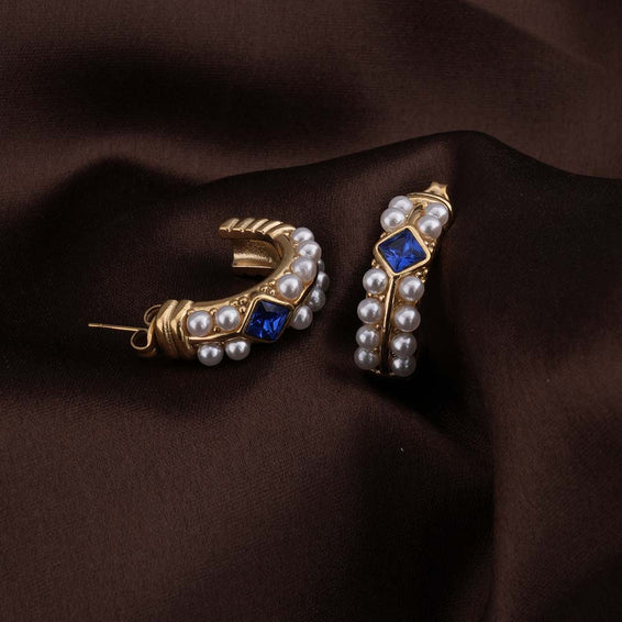 Classic Pearl and Sapphire Gold Hoop Earrings