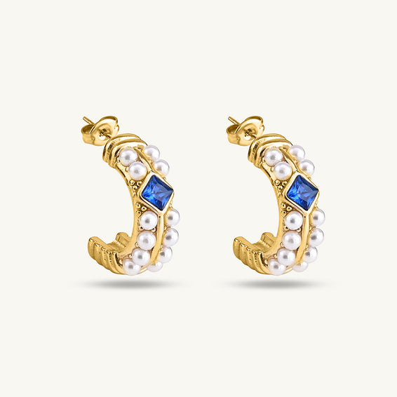 Classic Pearl and Sapphire Gold Hoop Earrings