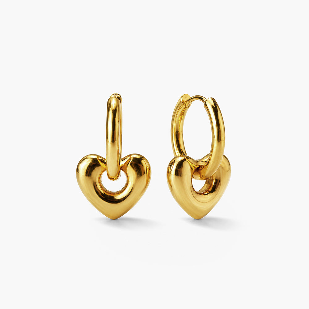Gold Heart Hoop Drop Earrings