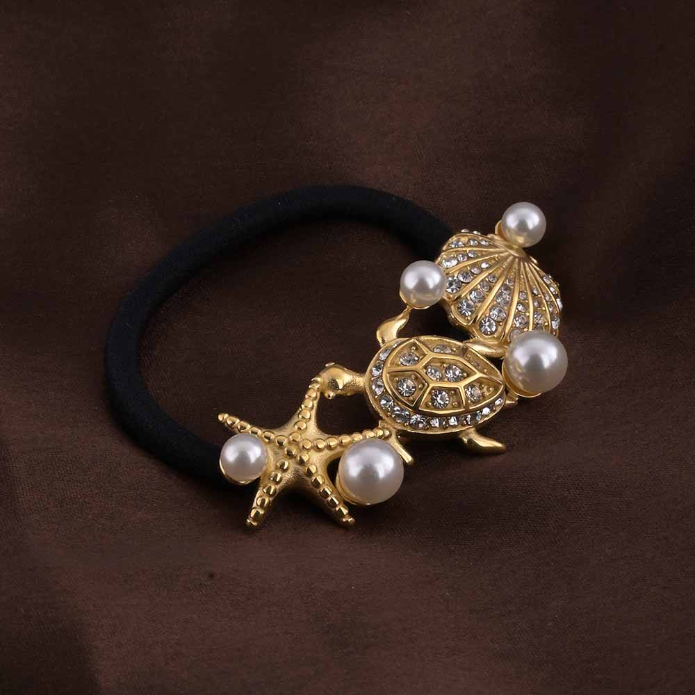 Seashell Pearl and Turtle Gold Hair Tie
