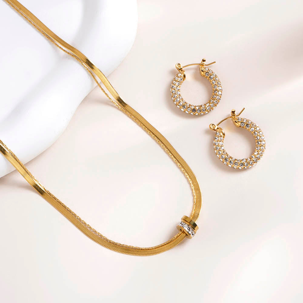 Gilded Rings Layered Necklace & Diamond Studded Hoop Earrings Combo Set - view 2