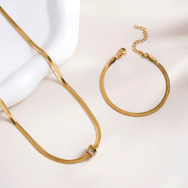 Gilded Rings Layered Necklace & Snake Charm Bracelet Combo Set - Image 1