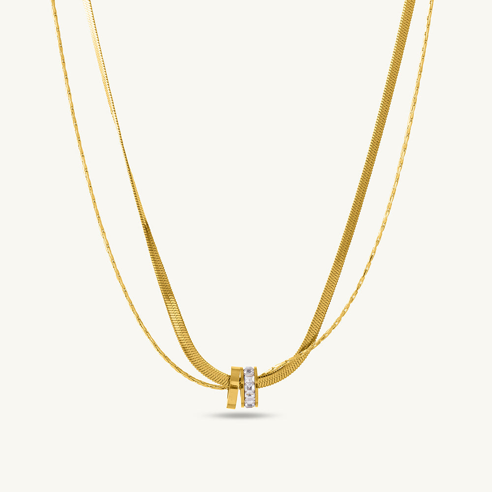 Gilded Rings Layered Necklace & Diamond Studded Hoop Earrings Combo Set - view 3