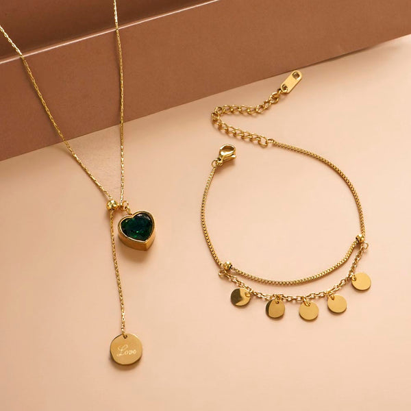 Emerald Love Necklace & Tiny Plates Bracelet Combo Set
