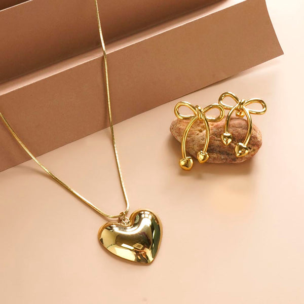 Golden Heart Charm Chain Necklace & Unique Gold Bow & Heart Drop Earrings Combo Set - Image 1