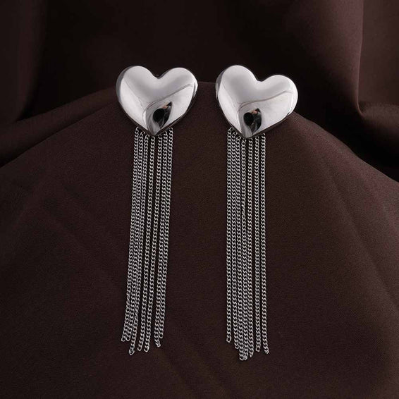 Silver Heart Fringe Drop Earrings