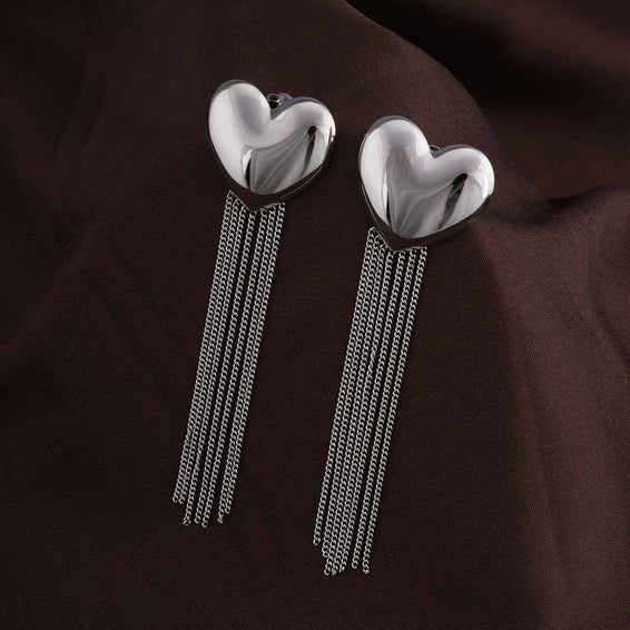 Silver Heart Fringe Drop Earrings