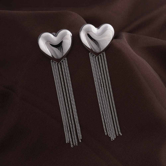 Silver Heart Fringe Drop Earrings