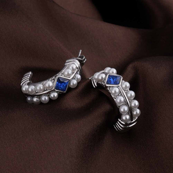 Classic Pearl and Sapphire Silver Hoop Earrings