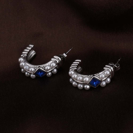 Classic Pearl and Sapphire Silver Hoop Earrings