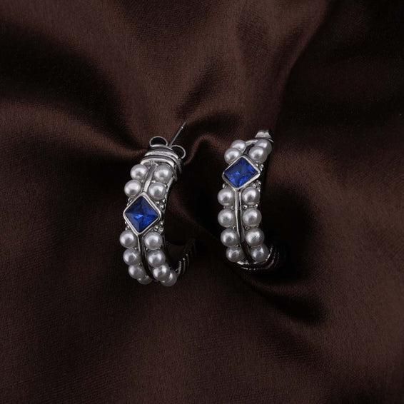 Classic Pearl and Sapphire Silver Hoop Earrings