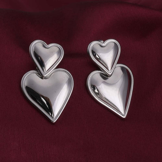 Double Heart Silver Drop Earrings