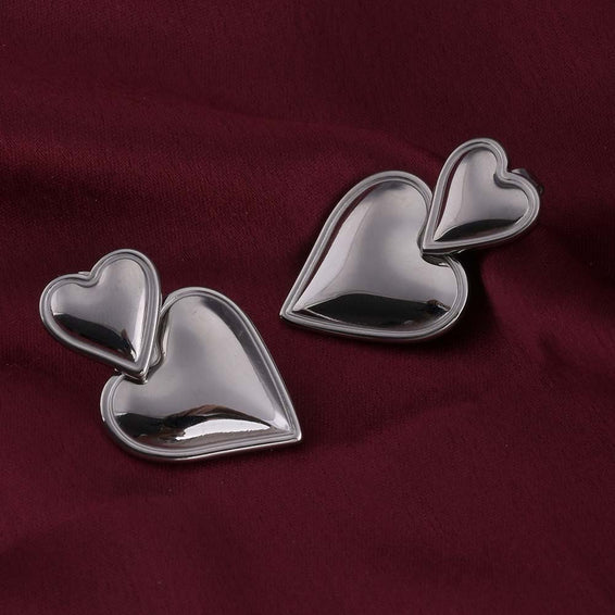 Double Heart Silver Drop Earrings