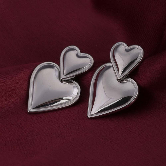 Double Heart Silver Drop Earrings