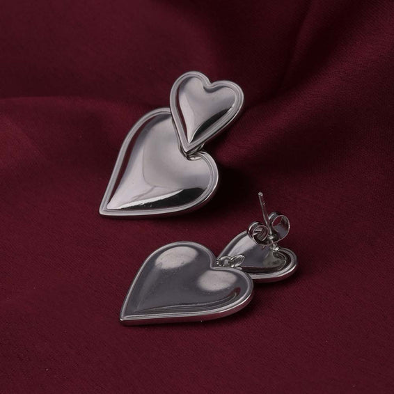 Double Heart Silver Drop Earrings