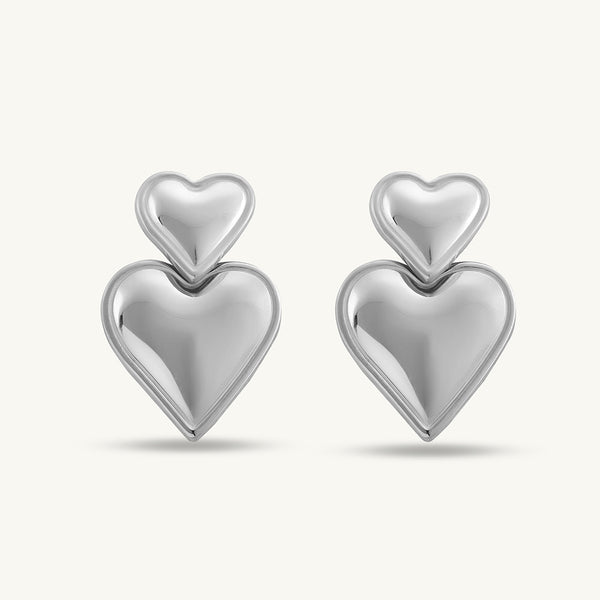 Double Heart Silver Drop Earrings