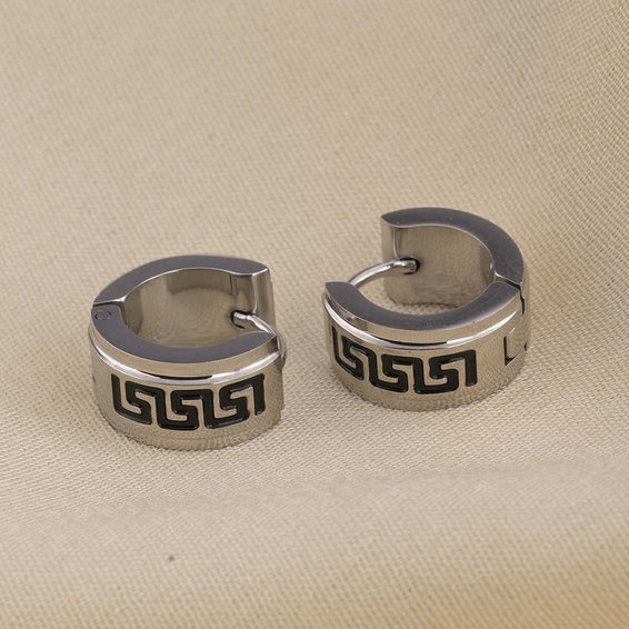 Greek Key Design Silver Hoop Earrings