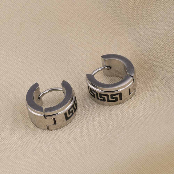 Greek Key Design Silver Hoop Earrings