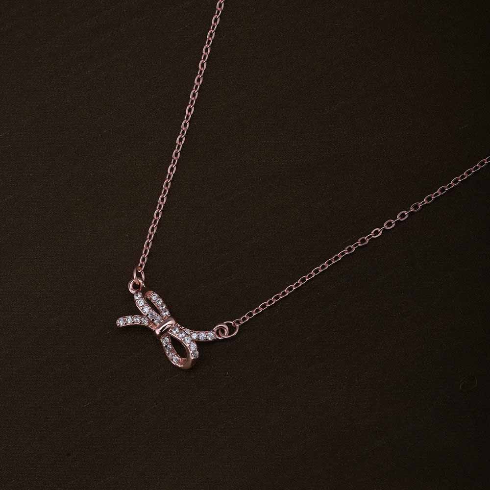 Zircon-Studded Bow Necklace | Rose Gold