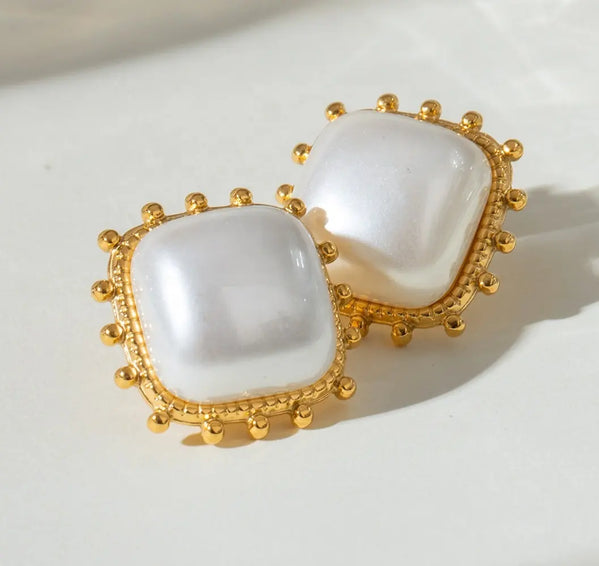 Simple Square White Pearl Stud Earrings