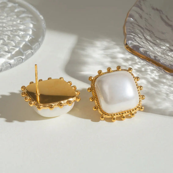 Simple Square White Pearl Stud Earrings