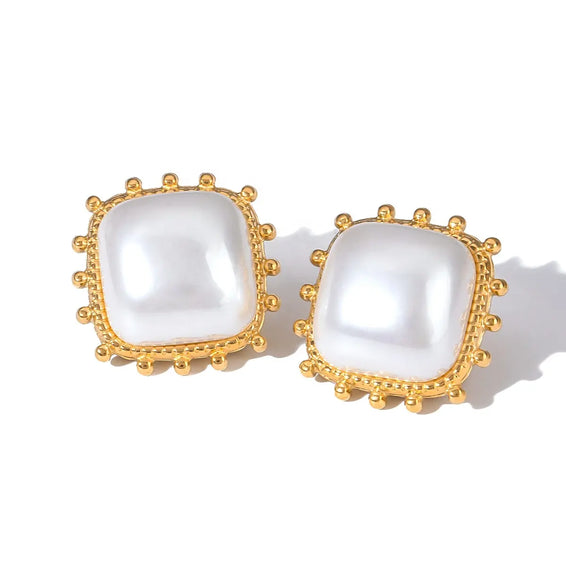 Simple Square White Pearl Stud Earrings