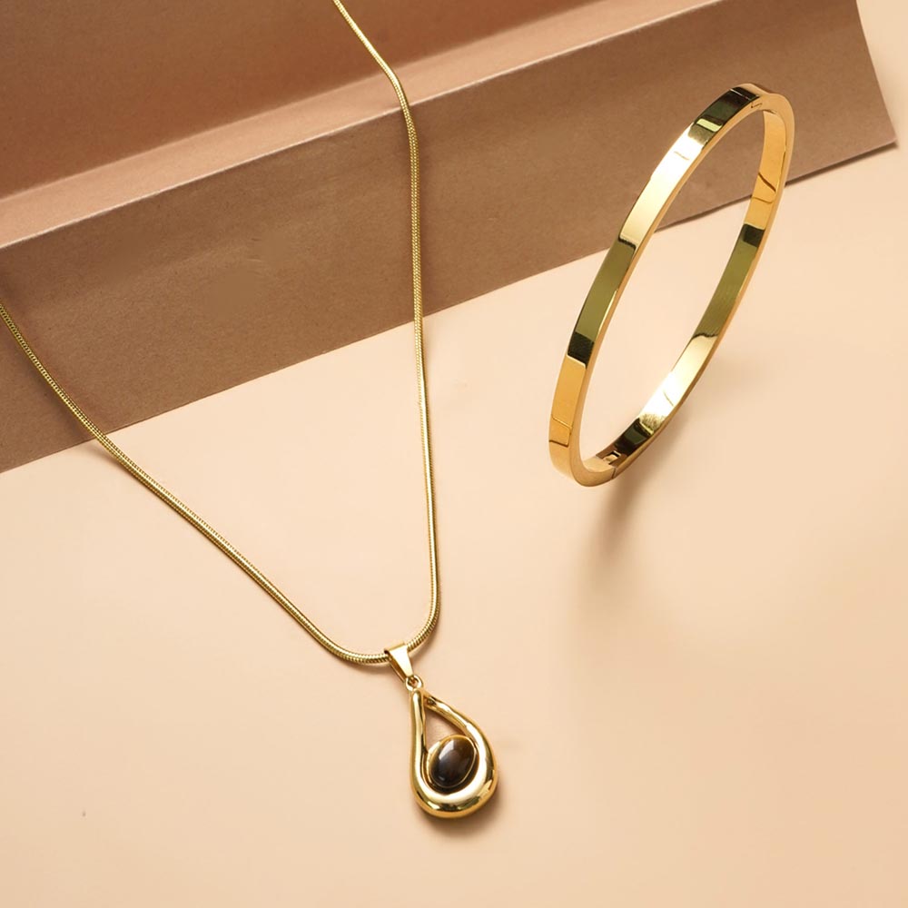 Gold Teardrop Necklace & Plain Stackable Bangle Bracelet |4MM Combo Set - view 2