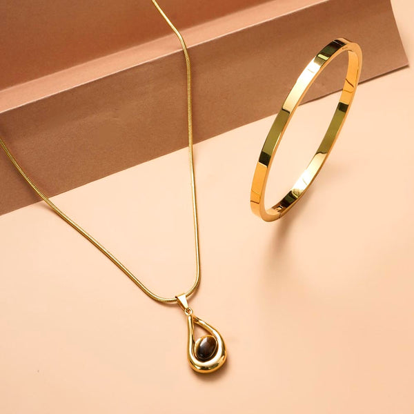 Gold Teardrop Necklace & Plain Stackable Bangle Bracelet |4MM Combo Set - Image 1