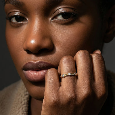 Triple Diamond Beaded 9KT Gold Lab Grown Diamond Ring