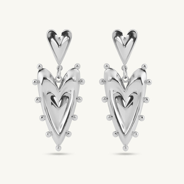 Silver Double Heart Drop Earrings