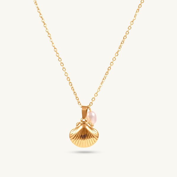 Golden Seashell Pendant with Pearl Drop Necklace