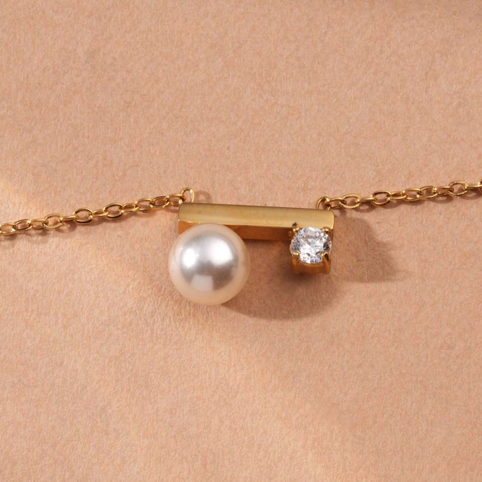 Double Pearl Bar Pendant Necklace - view 4