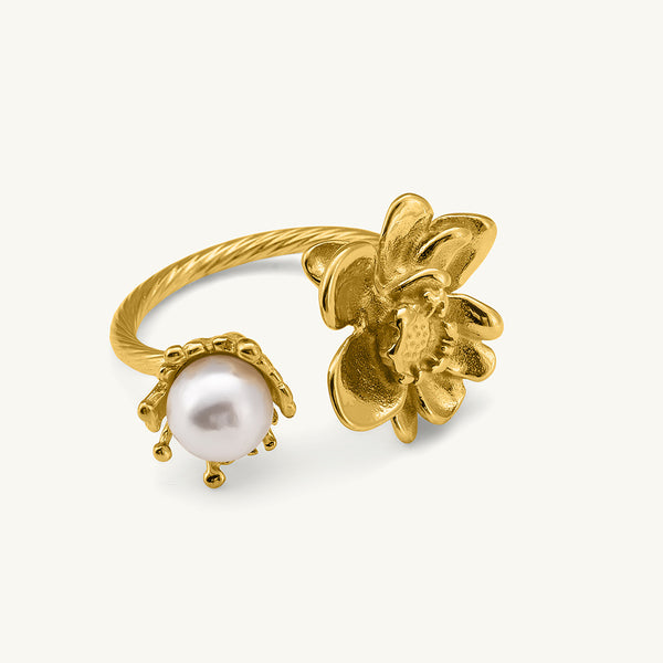 Open Shank Floral Pearl Gold Ring - Image 1