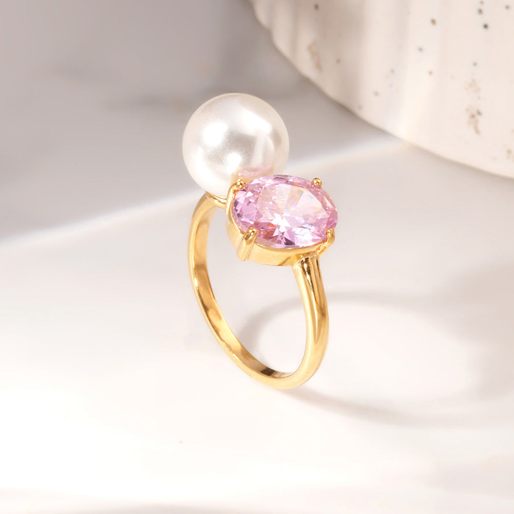 Elegant Pink Crystal & Pearl Ring - view 4