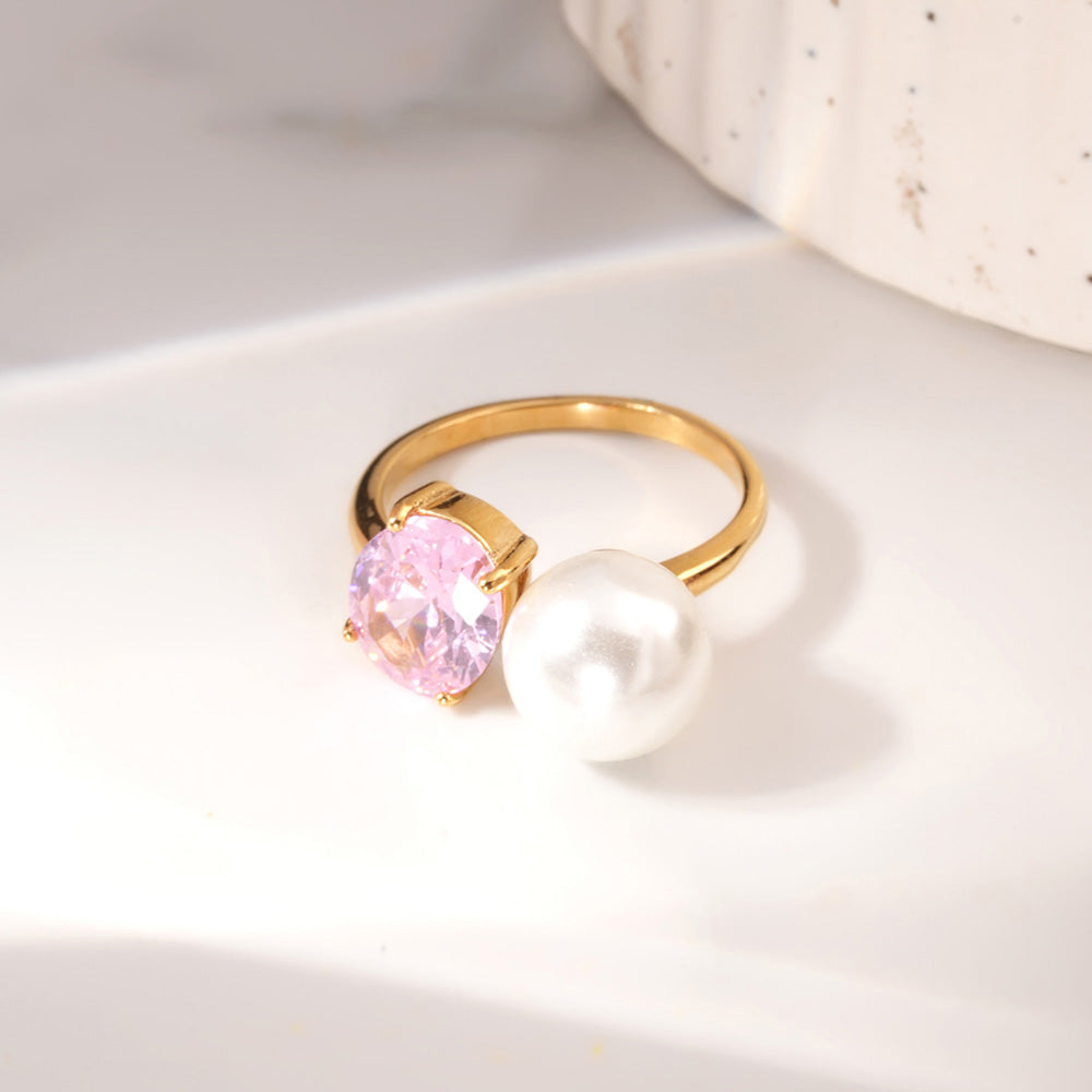 Elegant Pink Crystal & Pearl Ring - view 3