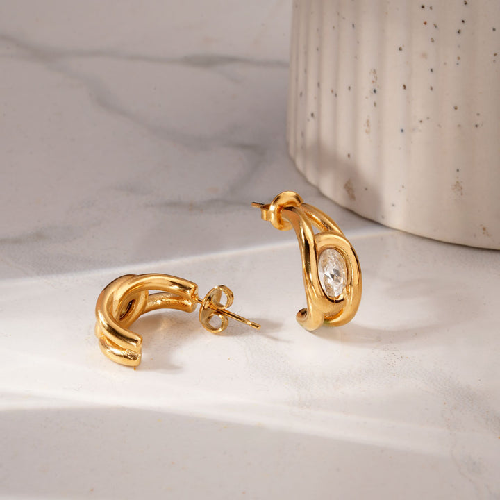 Leaf Stone Half Hoop Earrings-4