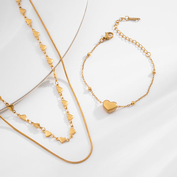 Love Embrace Two Layered Necklace & Heart Charm Bracelet Combo Set