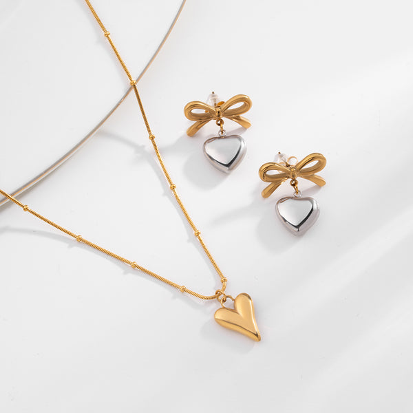 Heart Ball Chain Pendant & Bi-metal Wrapped With Love Earrings Combo Set