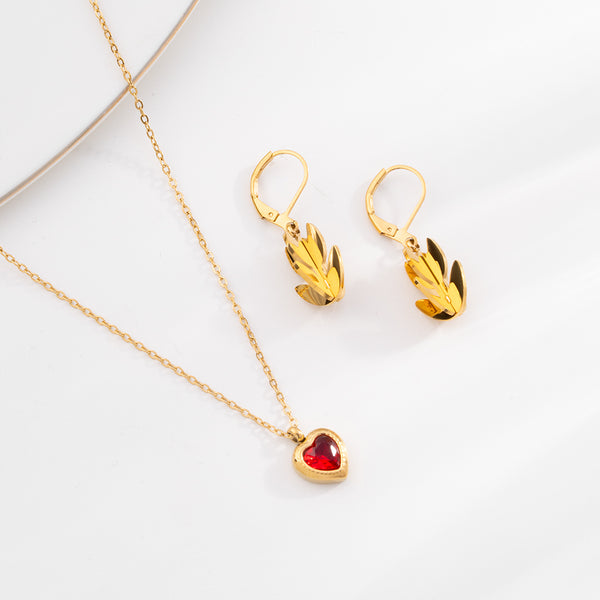 Red Emerald Heart Pendant Necklace & Golden Tulip Earrings Combo Set