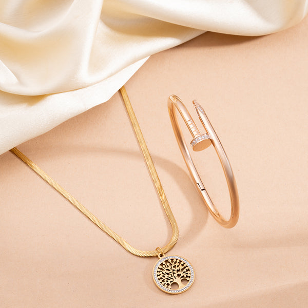 Tree of Life Necklace & Nail Bangle Bracelet Combo Set