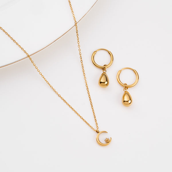 Moon Charm Necklace & Waterdrop Hoop Earrings Combo Set