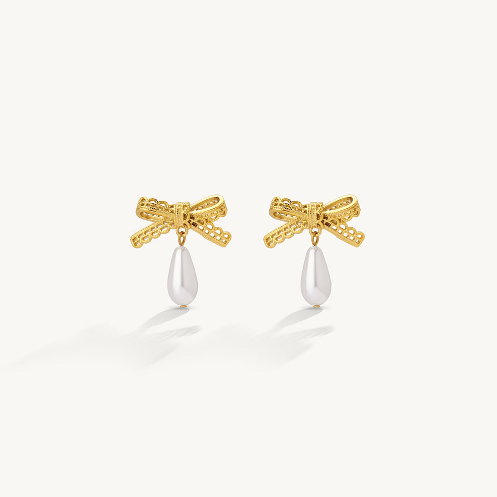 Sleek Bow Pearl Drop Earrings
