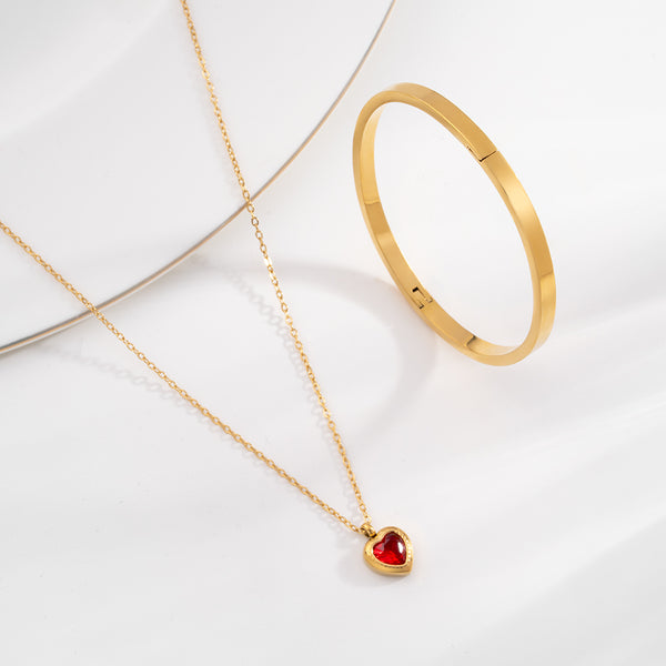 Red Emerald Heart Pendant Necklace & Plain Stackable Bangle Bracelet | 4MM Combo Set