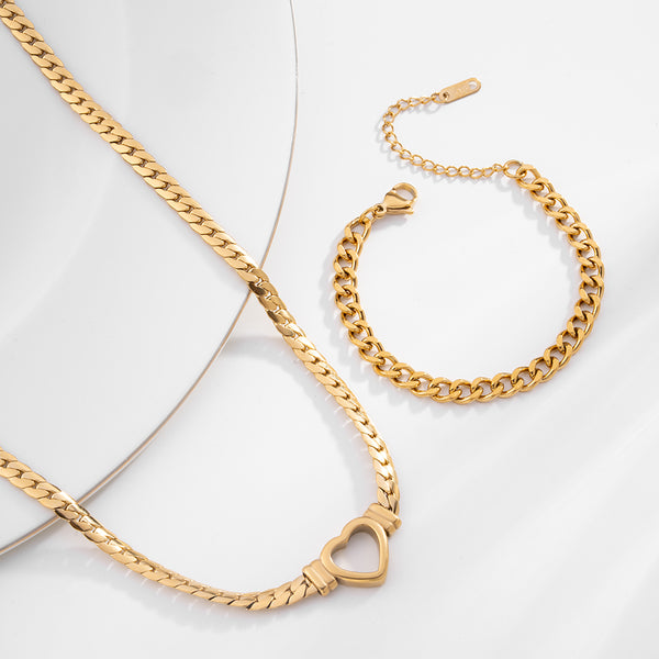Cuban Chain Hollow Heart Necklace & Classic Cuban Chain Bracelet Combo Set