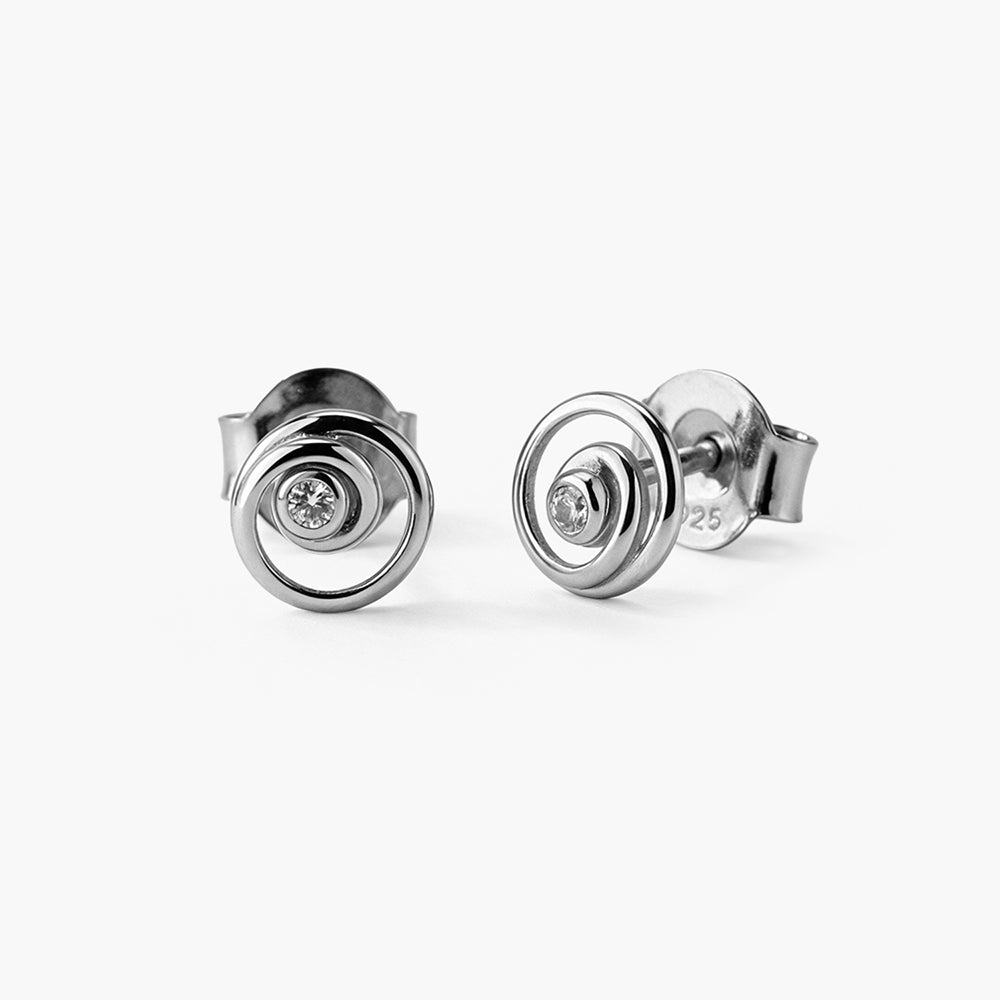 Orbit Bezel Round Platinum Plated 925 Sterling Silver Studs