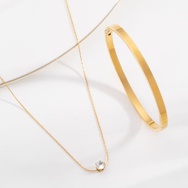 Delicate Diamond Studded Necklace & Plain Stackable Bangle Bracelet | 4MM Combo Set