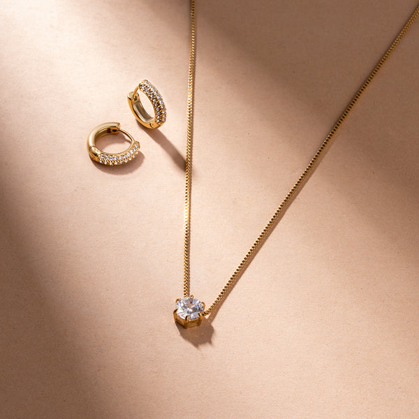 Round Solitaire Necklace & Diamond Huggie Hoop Earrings Combo Set